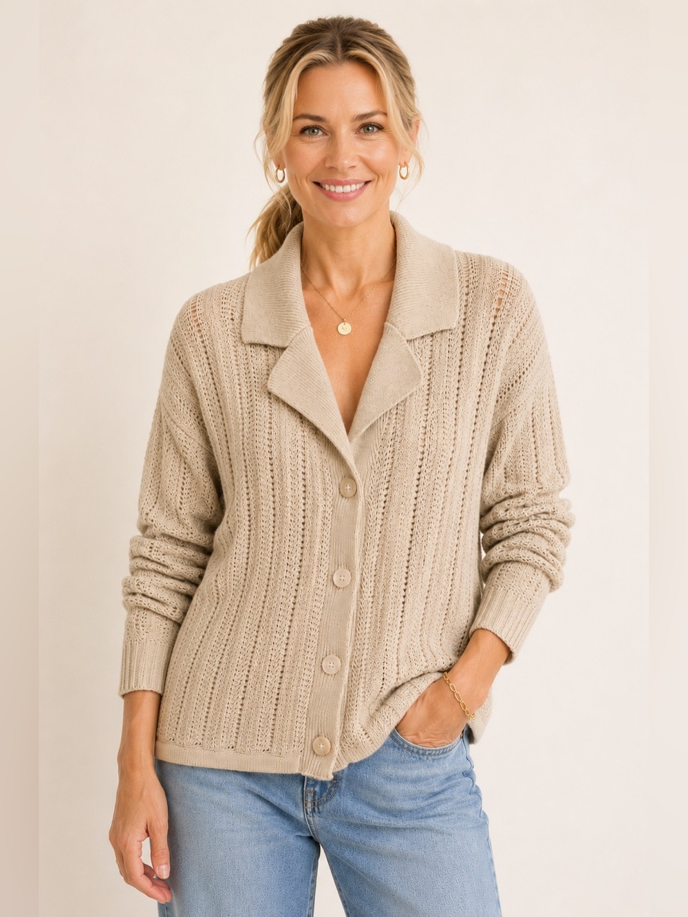 Ophelia Roe Cotton Blend Knit Cardigan Sweater Large Neutral Cottage Coastal